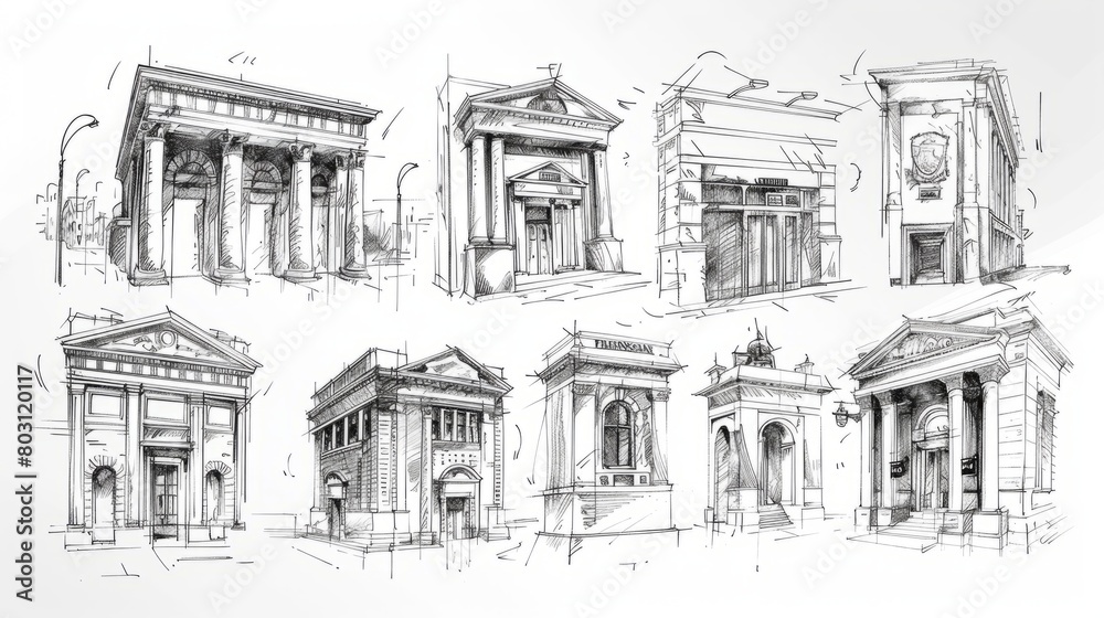A set of hand-drawn building facades in a classical style. A set of hand-drawn building facades in a classical style.