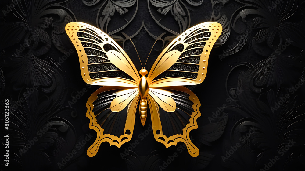 golden butterfly on a black ornamental background golden butterfly on a black ornamental background