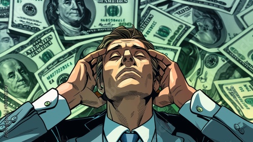 A man in a suit is surrounded by money. He has his hands on his head and looks stressed. photo
