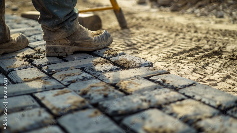Close-up of a worker's boots on newly laid cobblestone pavement with sand and tools nearby. Close-up of a worker's boots on newly laid cobblestone pavement with sand and tools nearby.