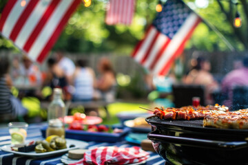 People eating barbecue in the garden, celebrating 4th July, Independence day