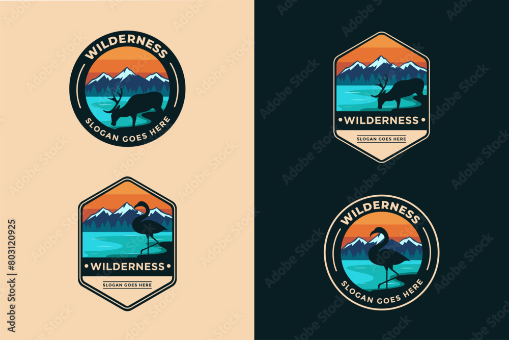 Set of emblem patch flamingo and deer logo vector illustration Set of emblem patch flamingo and deer logo vector illustration