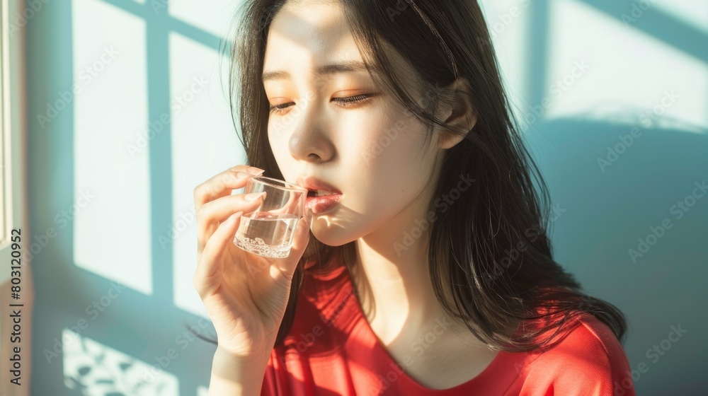 Close-up of a beautiful young sick Asian woman holding a capsule in her mouth, taking medical pills, vitamin, Dietary supplement for treatment. Health Care, Youth concept Close-up of a beautiful young sick Asian woman holding a capsule in her mouth, taking medical pills, vitamin, Dietary supplement for treatment. Health Care, Youth concept