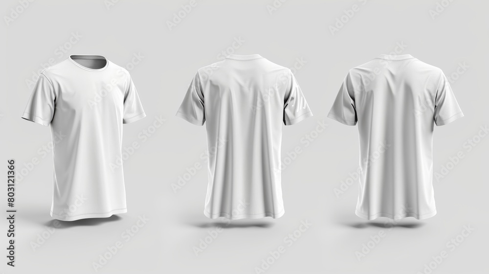 Front, back, and side views of a plain white t-shirt ideal for design mockups and apparel presentations Front, back, and side views of a plain white t-shirt ideal for design mockups and apparel presentations
