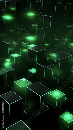 Blockchain Technology Concept with Green Blocks on Black Background