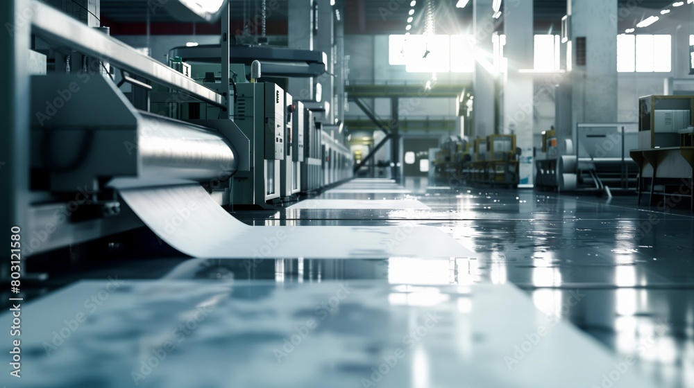 A sleek industrial manufacturing facility with printing machines and a glossy floor, under bright lights.