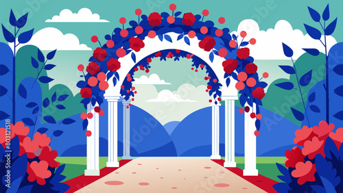 A beautiful archway covered in cascading red white and blue vines leads visitors into the peaceful sanctuary of the themed flower garden.. Vector illustration