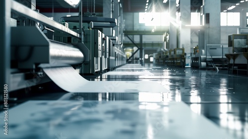 A sleek industrial manufacturing facility with printing machines and a glossy floor, under bright lights.