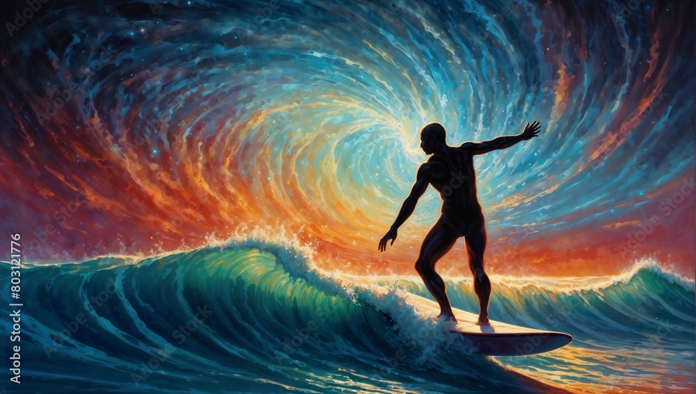 Naklejka premium A shimmering figure glides gracefully on the pulsating waves of a bioluminescent ethereal pulsar