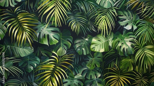 A mix of tropical palm leaves in varying sizes and shades of green creates a dynamic and eyecatching motif perfect for adding a touch of paradise to any space..