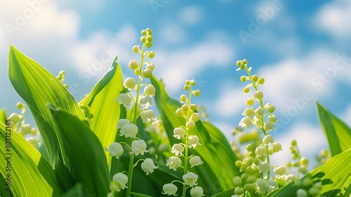 lily of the valley flowers  green leaves  blue sky background  sunlight  white lilies of the valley flowers