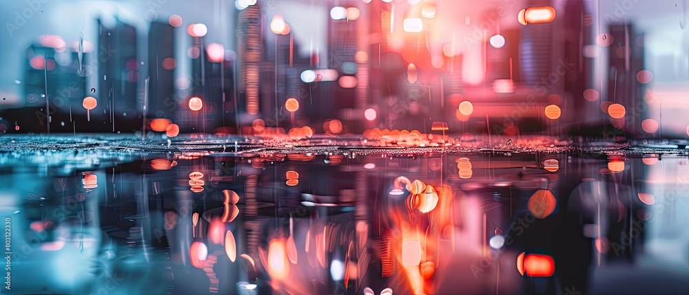 Detailed view of a neon lit cityscape at night, reflecting modernity and future