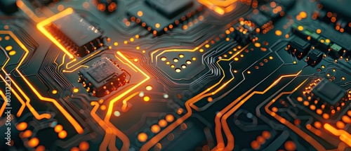 Macro shot of a circuit board with glowing connections, symbolizing advanced technology