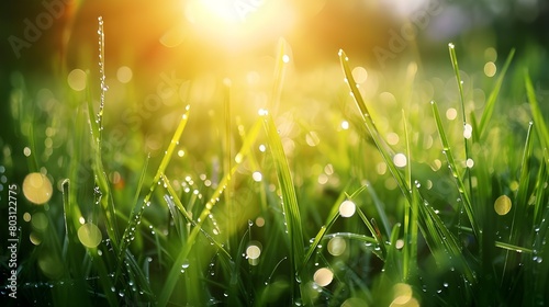 background from a green grass on a lawn with dew drops