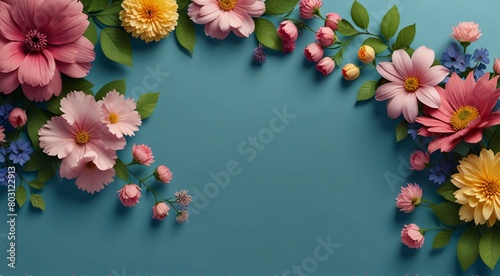 beautiful floral frame with flowers and leaves on a blue background,