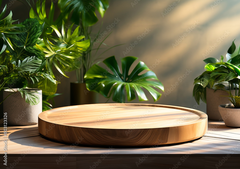Obraz premium Modern Minimalist Round Wooden Podium Display Stand, Eco-Friendly Plant Decor, Product Photography Backdrop
