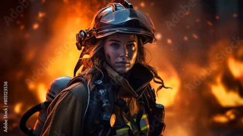 Woman firefighter in full gear carrying a hose, with flames visible in the background, representing courage and resilience,