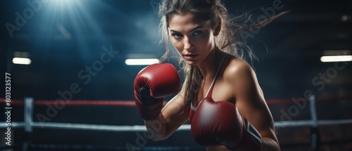 A professional female boxer training in a ring, throwing a punch towards the camera, depicting strength and competitiveness, © FoxGrafy