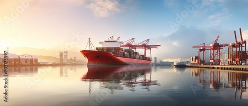 Empty cargo ship docked at a tranquil port, clear morning light, calm water reflecting the vessel,
