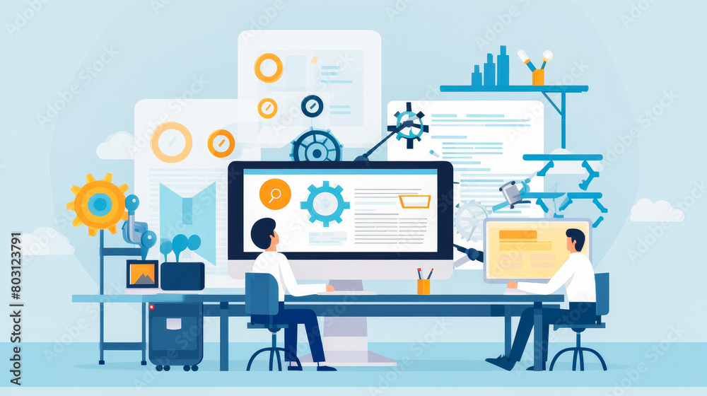 Quality assurance lab with software testers and floating icons. Quality assurance lab with software testers and floating icons.