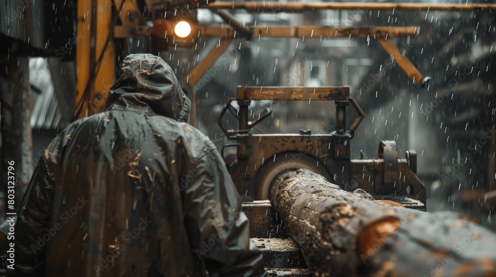 Fototapeta premium A worker in a raincoat oversees the handling of a log in a rainy, industrial setting.