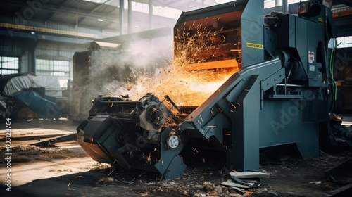 Industrial shredder in action, processing manufacturing waste for easier recycling, photo