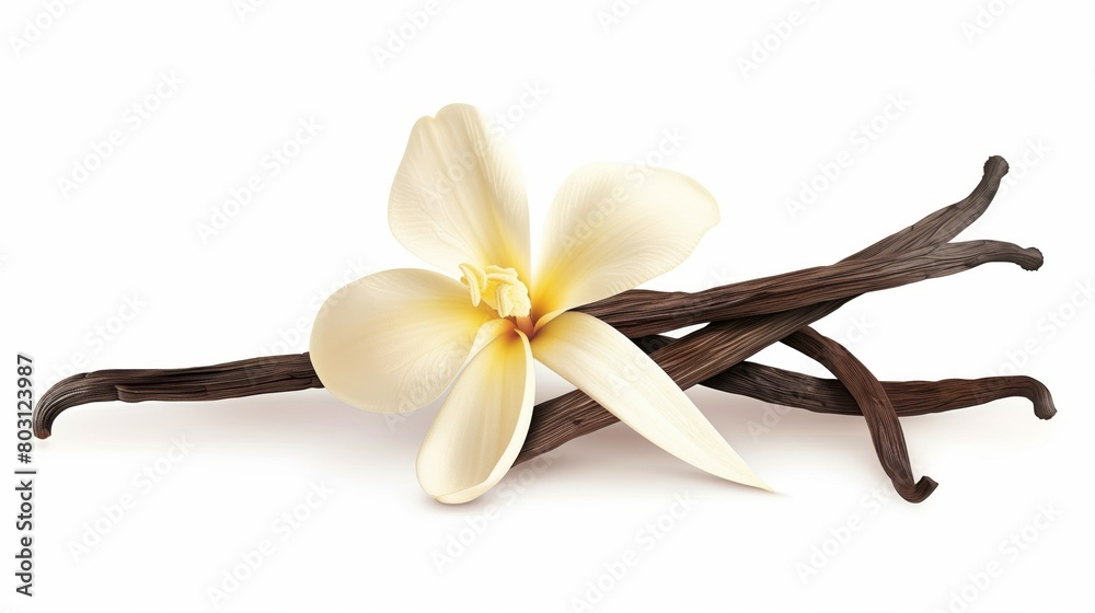 Realistic illustration of a creamy white orchid flower next to dark brown vanilla beans on a white background.