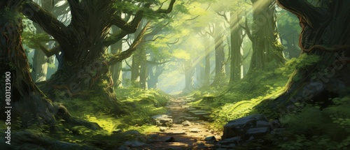 Quiet forest path lined with ancient trees, sunlight filtering through leaves, ideal for contemplation,