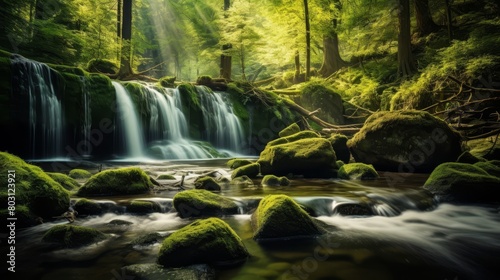Quiet forest waterfall with mossy rocks  clear water cascading and a serene atmosphere 