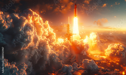 Realistic 8K Rocket Launch, Soaring Skyward from Verdant Forest Backdrop photo