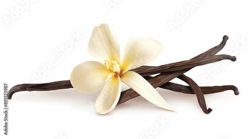 Realistic illustration of a creamy white orchid flower next to dark brown vanilla beans on a white background.