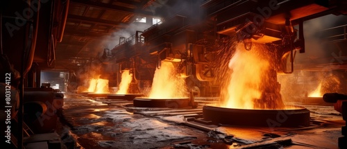 Detailed view of a metal foundry with molten metal being poured, focusing on the intense heat and traditional metalworking techniques, photo