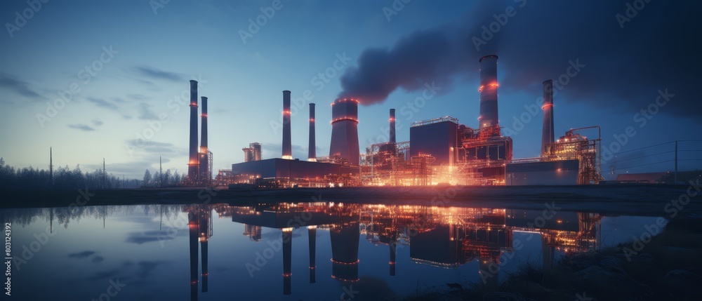 A deserted biomass power station at dusk, focusing on the quiet and efficient conversion of waste materials into energy,