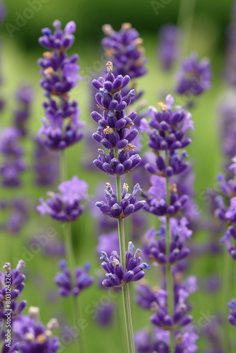 Close up of purple flowering lavender plants in a field. Generative AI