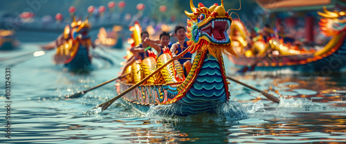 Vibrant Dragon Boat Festival scene with ornate dragon head leading rowers in competition, reflecting Chinese cultural heritage