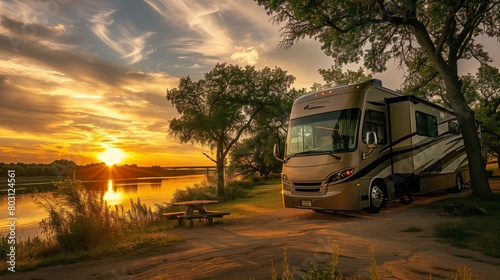 Fototapeta Naklejka Na Ścianę i Meble -  A luxury motorhome parked beside a serene lake at sunset, with vibrant skies and lush greenery.