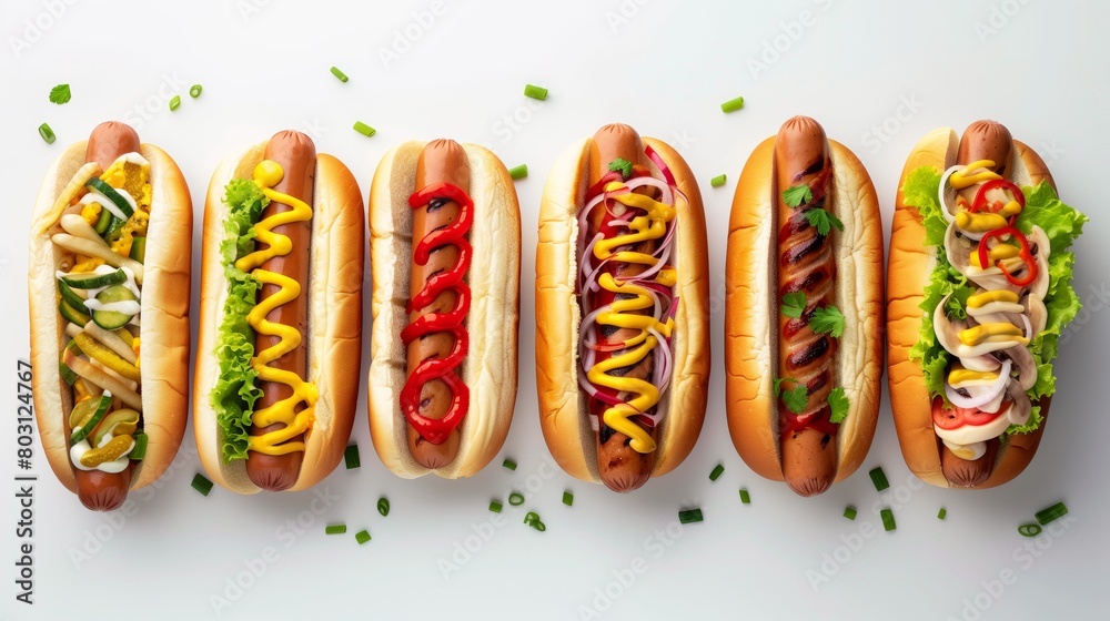 An assortment of five hot dogs with various toppings on a white background. An assortment of five hot dogs with various toppings on a white background.