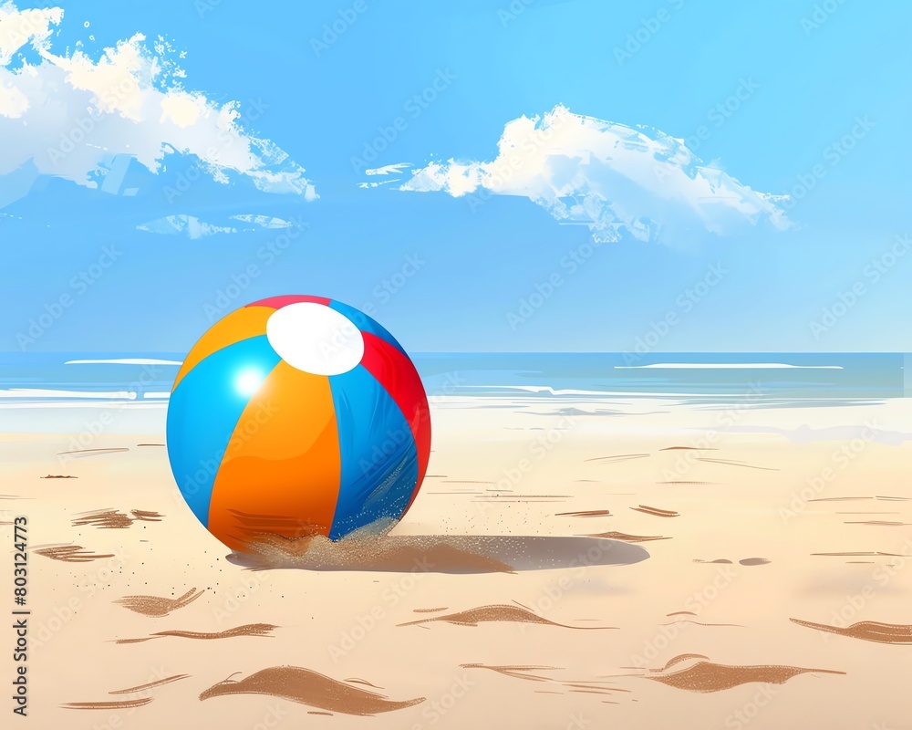 A beach ball sits on the sand on a sunny day.