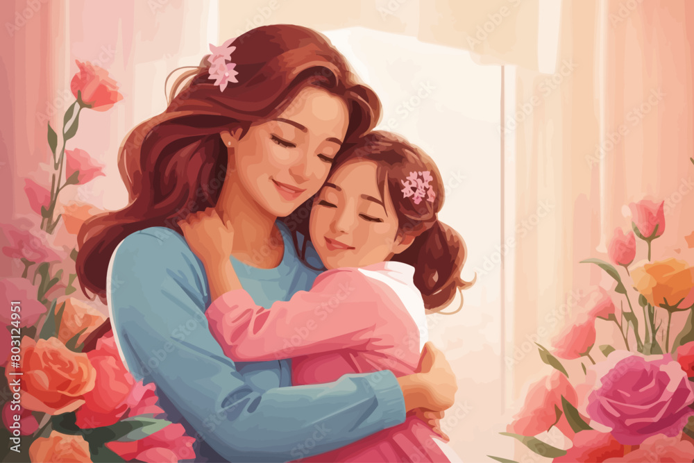 Mothers day happy mother hugging illustration