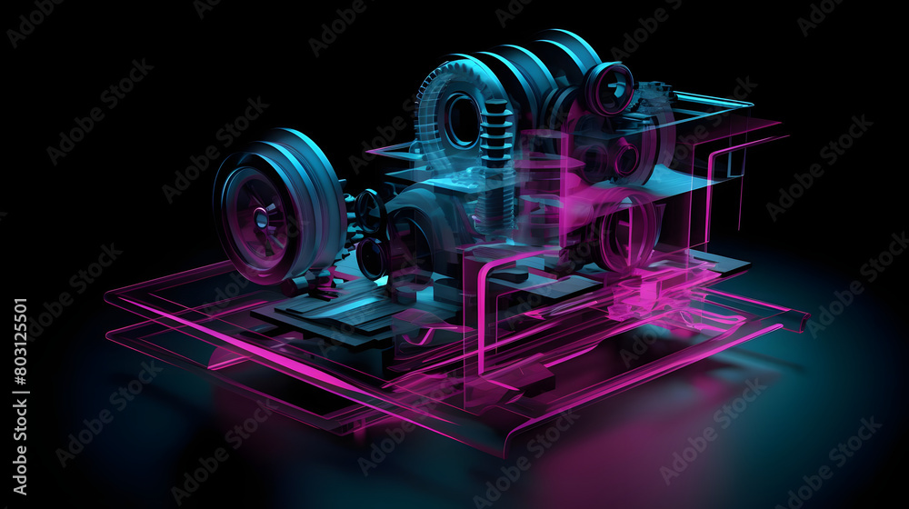 3D Printing Process with Cyan and Magenta Layers on Black Background