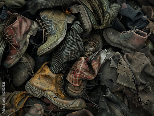 Pile of discarded shoes, highly detailed and textured, representing themes of abandonment and wear.