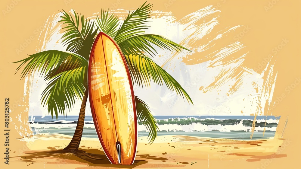 A surfboard leans against a palm tree on a beach with the ocean in the background.