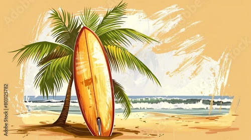 A surfboard leans against a palm tree on a beach with the ocean in the background. © pprothien