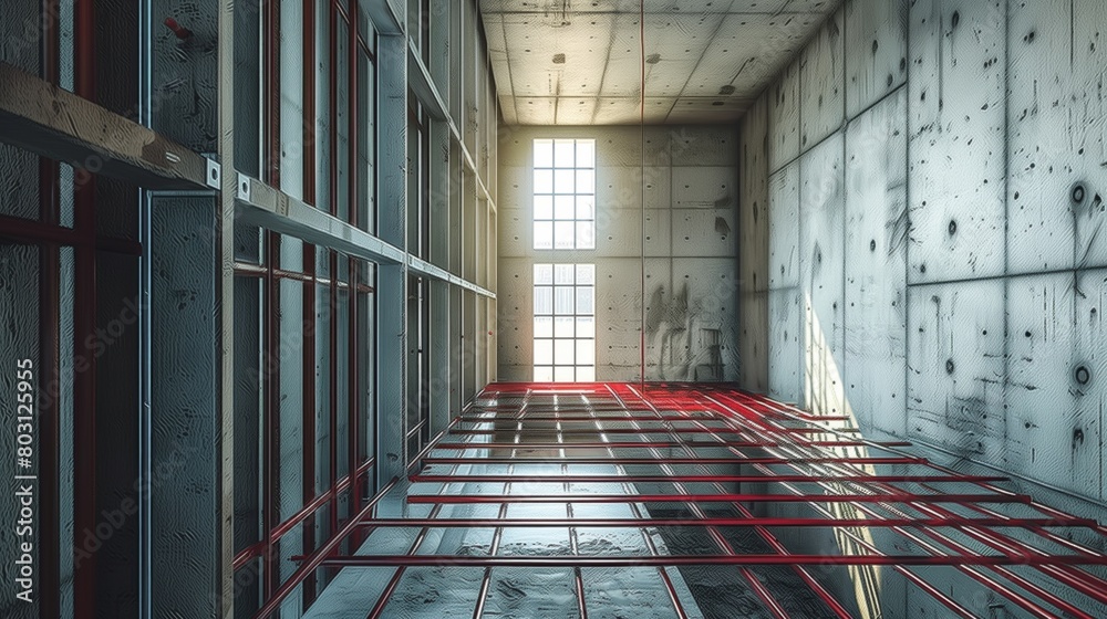 Image showcasing Interior view of an unfinished room with exposed stud walls, concrete ...