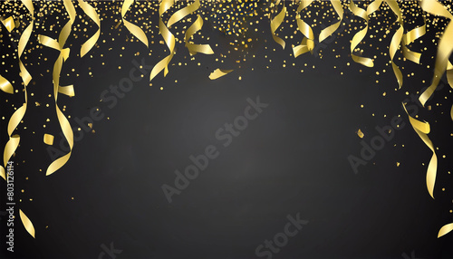Black background or backdrop with gold golden streamers and confetti. photo