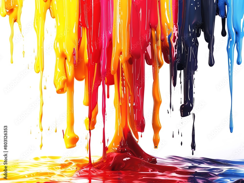 Colorful paint dripping down on white background.