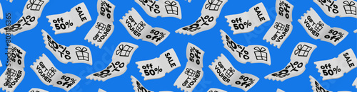 Abstract seamless pattern with gift vouchers. Realistic, different shapes white discount coupons in 3D style. Business promotion and discounts on online purchases.