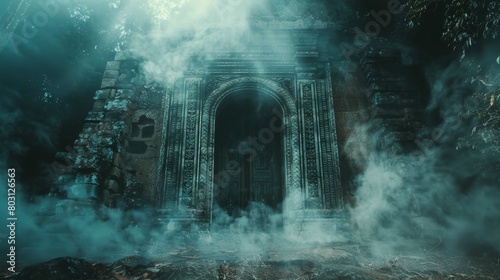 Mysterious door standing alone among forest undergrowth with fog and ethereal light