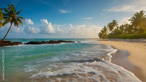 beach with palm tree Luminous Shoreline Radiant Sea and Sunlit Beac