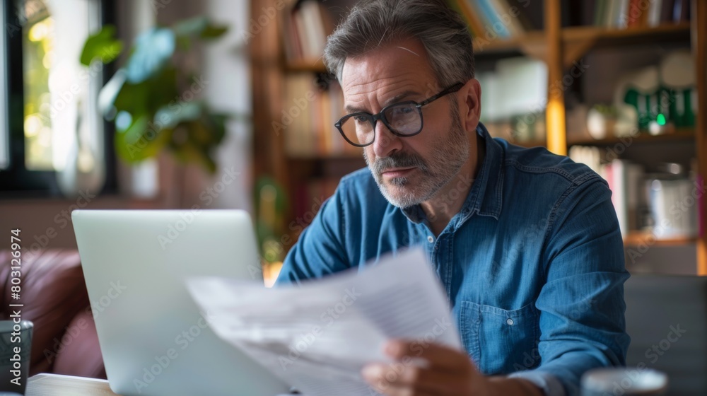 Man Reviewing Documents at Home Man Reviewing Documents at Home